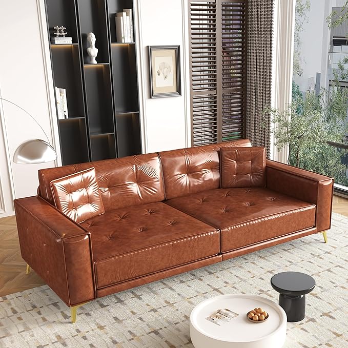 92.1King Size Pull Out Sofa Bed 3-in-1 Faux Leather Convertible Sleeper Sofa with Ultra Wide Armrests Tufted Modern Sofa with 2 Pillows for Bedroom Living Room (Orange Brown 92.1inch)