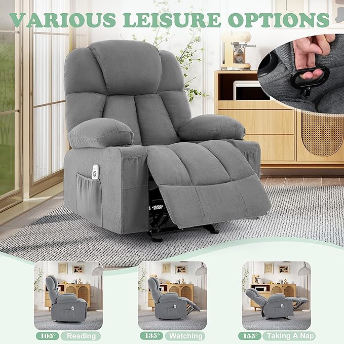 Manual Recliner Chair Rocker Recliner with Vibration Massage &amp Heat Ergonomic Reclining Fabric Living Room Chairs for Bedroom Nursery Single Sofa with 4 Pockets 2 Cup Holders Grey