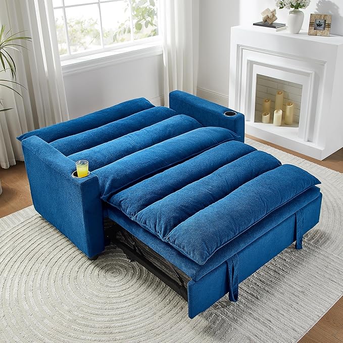SLEERWAY 3 in 1 Convertible Sleeper Sofa Bed 56.3 W Easy Pull Out Couch Bed with Dual Cup Holders Comfy Thick Padding Futon Loveseat with Adjustable Backrest for Living Room Small Space (Blue)
