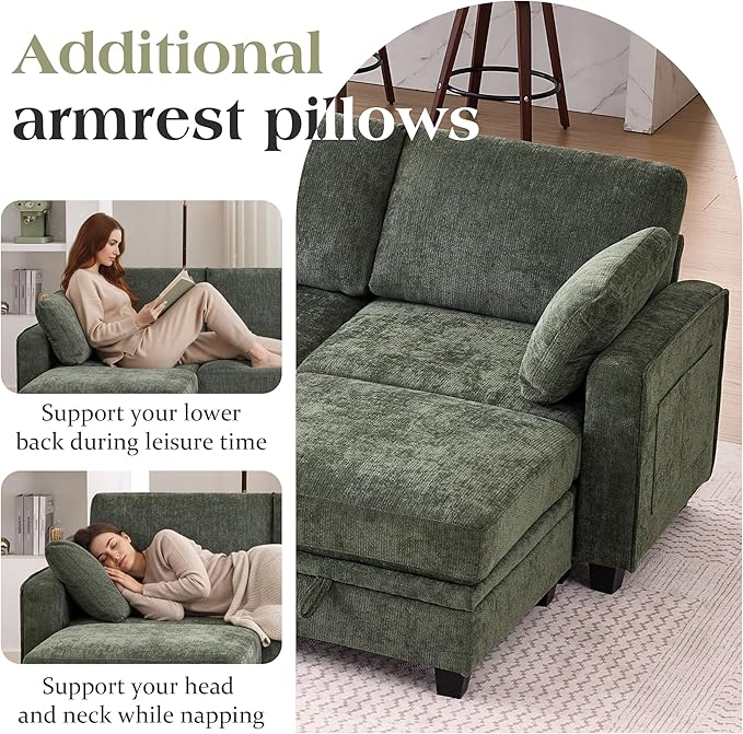 TUNYI 130 Sectional Couch with Storage Oversized Chenille Modular Sectional Sofa for Living Room Convertible Deep Seat Sofa Couches with Ottoman Armrest Pillow (Green)
