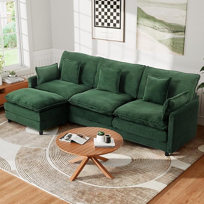 113'' L Shaped Cloud Couch 4-Seater Modular Sectional Sofa with Double Layer Upholstered Seat Cushion Corduroy Deep Seat Couches with Ottoman &amp Pillows for Living Room &amp Apartment Green