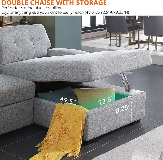 BEEY Sofa Bed 118 Oversized Sleeper Sectional Sofa with Storage Chaise U Shaped Sectional Couch with Pull Out Bed 6 Seater Pull Out Couch Bed for Living Room Bedroom (Light Grey_4 Seater)