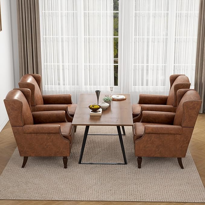 Floral High Back Accent Chair Upholstered Armchair with Solid Wood Legs Comfy Wingback Reading Single Sofa Chair for Small Spaces Living Room Bedroom(Leather Brown Set of 1)