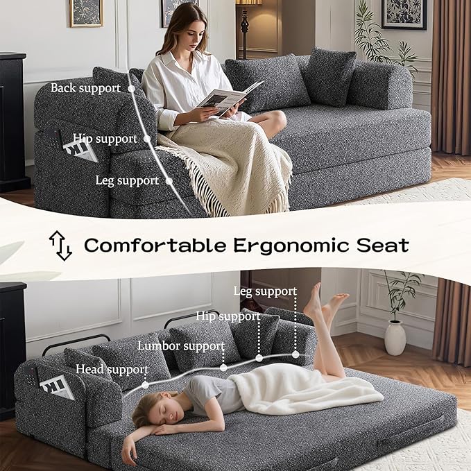 Convertible Floor Sofa Bed 79 Compression Sofa Foldable Sleeper Couch Bed Modular Sectional Comfy Loveseat 4-Seater No Assembly Required for Living Room Guest Room Chenille Fabric Grey