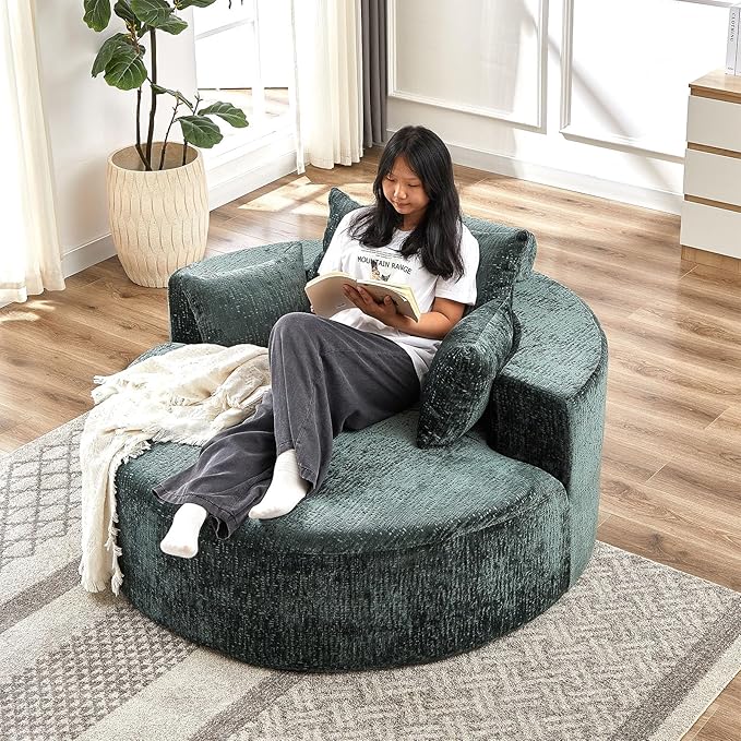 55''L Chenille Sponge Single Sofa Oversized Round Chair Fluffy Modern Longue Chair for Living Room Projection RoomWide Armrest Lounge Chairs Armchair with Pillow Green