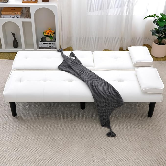 KEIKI 67 Convertible Sofa Bed with Cup Holder 3 in 1 Futon Sleeper Sofa Chair PVC Upholstered Sofa for Living Room or Office White