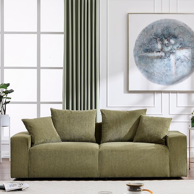 Modern Corduroy Sofa 88.5 inch Wide Living Room Couch with Wide Arms 3-Seater Living Room Couch with Throw Pillows Olive Green