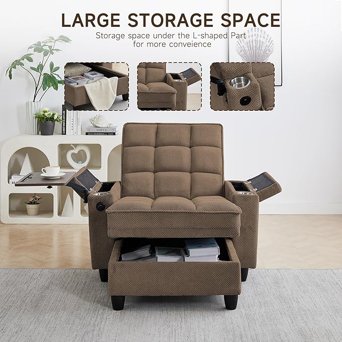 Single Modern Comfy Upholstered Chaise Lounge Sofa Chair with Rotating Side TableStoragePillowUSB Charging Ports and Adjustable Backrest Perfect for Living Room Small Spaces (Coffee)