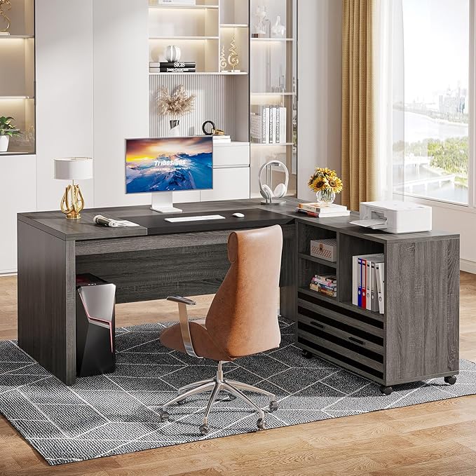 Tribesigns 62.2 Executive Desk with Mobile File Cabinet L-Shaped Office Desk with Storage Shelves Large Computer Table Business Workstation Set for Home Office Grey