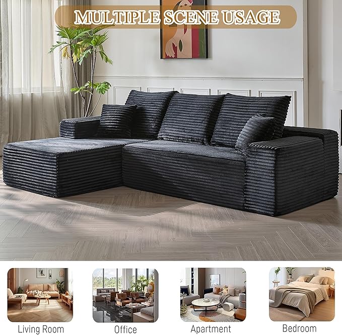 107.5 Sectional Couch Sofa Modular Cloud Couch with Pillows Corduroy L-Shape Sectional Couches for Living Room Apartment Office No Assembly Required (Black Left Facing Chaise+2 Seaters)