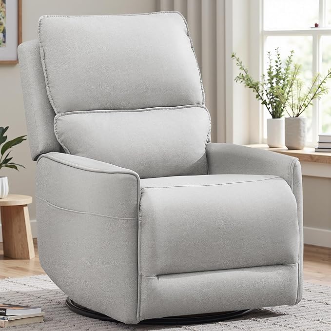 Recliner Chair 360 Swivel Rocker Recliner Chairs for Adults Small Recliners for Small Spaces Upholstered Nursery Chairs with Side Pockets Glider Rocking Chair for Living Room (LightGrey)