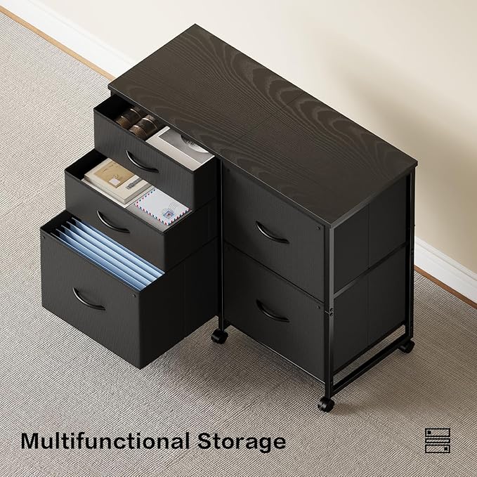 Lateral File Cabinet with 5 Drawers Rolling Filing Cabinets Under Desk Storage Printer Stand with WheelsMobile File Cabinet for Home OfficeBlack