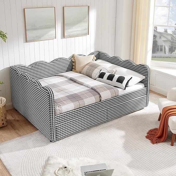 Cozy Gingham Daybed with Trundle Twin Size Sofa Bed No Box Spring Needed with USB Port and Adorable Wave Shaped Linen Fabric Navy (Black+Full+2 Drawers)