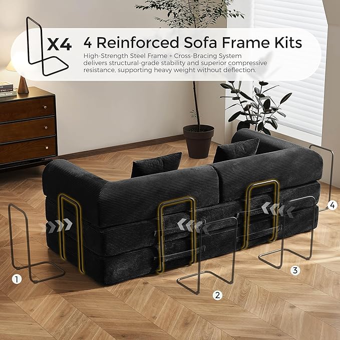 79 Convertible Sofa Bed with Fixed-Shape Frame &amp Removable Armrests Modular Corduroy Sleeper Sofa Folding Mattress Couch for Small Spaces - No Assembly Needed in Black (Includes 2 Pillows)