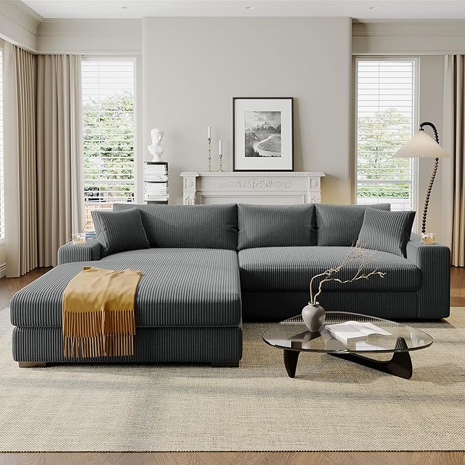 Ball &amp Cast Oversized L-Shaped Sectional Sofa with ChaiseLarge Comfy Upholstered Couch W/Thick CushionBuilt-in Cup Holders &amp Charging PortsWide &amp Thick Armrests &amp Seat Designfor Li