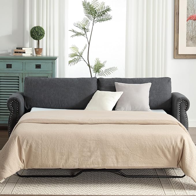 TTK 80.7 Queen Sized Pull Out Sofa Bed 2-in-1 Convertible Sleeper Couch with Memory Foam Mattress &amp Solid Wood Frame for Living Room Apartment &amp Small Spaces Gray