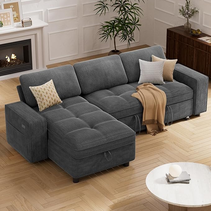 Vipbear 81 Sectional Sleeper Sofa with Pull Out Bed L Shaped Sleeper Sofa Pull Out Couch with Reclining Backrest Reversible Storage Chaise USB Ports Tool-Free Assembly Chenille Dark Grey