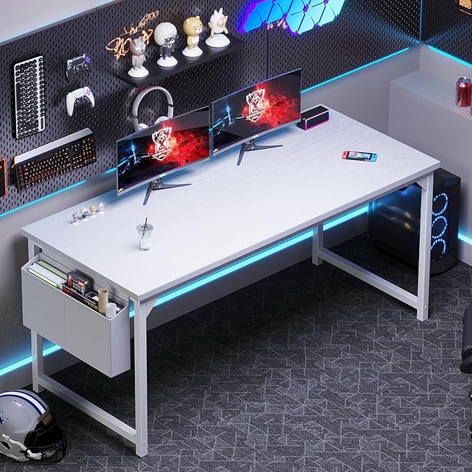 OLIXIS Computer Desk 63 Inch Home Office Desks for Small Spaces Gaming Writing Study Work Table with Storage Bag and Headphone Hook for Bedroom White