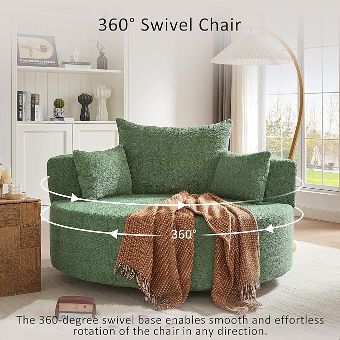Oversized 360° Swivel Barrel Chair for Living Room Modern Comfy 56.3'' Round Boucle Reading Accent Chair with Extra Wide &amp Deep Seat Overstuffed Cushions Easy Assembly Vanilla Green