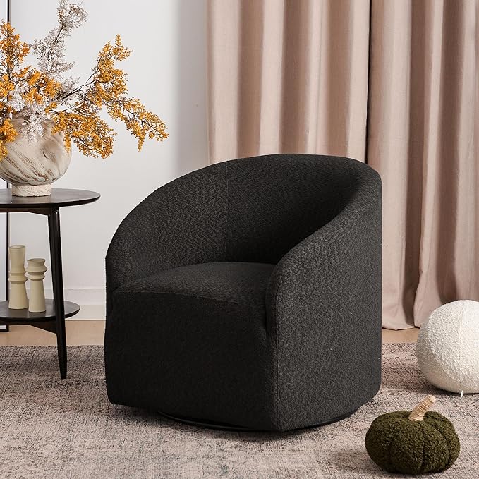 KINWELL 32 Wide Modern Boucle Swivel Barrel Chair No Assembly Round Upholstered Swivel Accent Armchair for Living Room Bedroom Office (Black)
