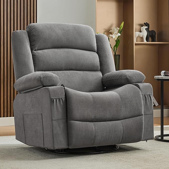 Oversized Recliner Chair with Heat and Massage 360° Swivel Chairs for Adults Nursery Rocking Recliner Single Sofa Seat with Cup Holders Lazy Boy Recliner Single Sofa (Oversized Manual Grey)