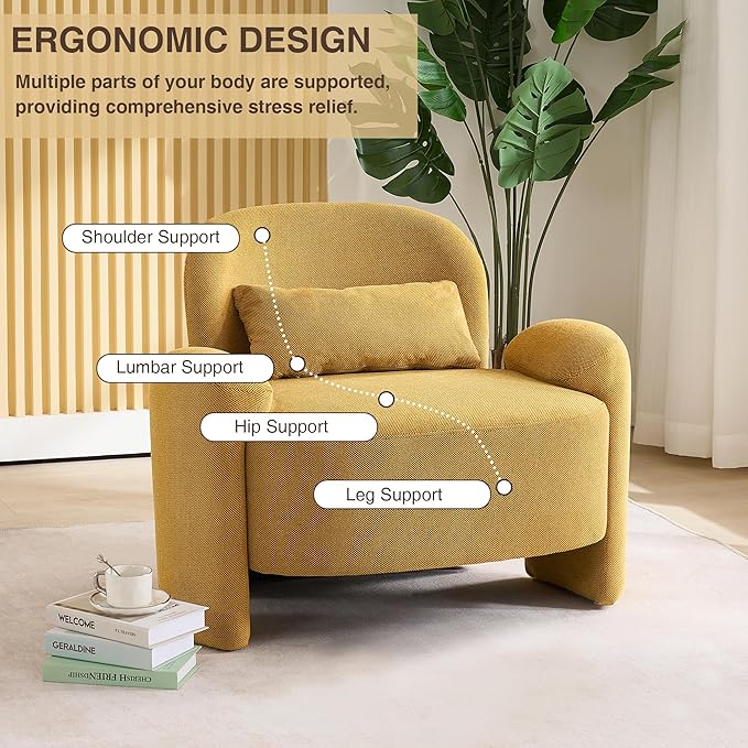 LOULENS Oversized Accent Chair Modern Linen Fabric Lounge Armchair for Living Room Upholstered Comfy Reading Single Sofa Chair for Bedroom Waiting Room Corner Office Yellow