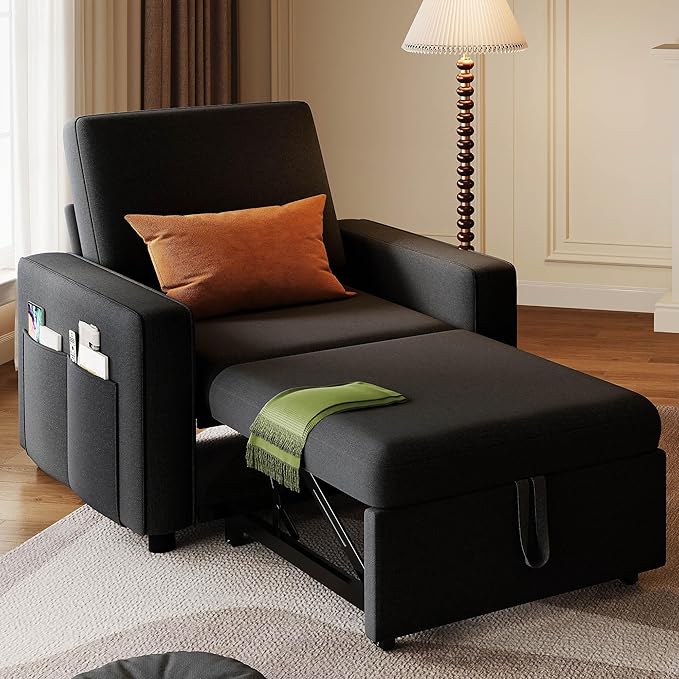 YITAHOME Convertible Sofa Chair Bed 3-in-1 Sleeper Sofa with Pull-Out Bed Linen Fabric Single Sleeper Chair with Reclining Backrest and Wide Armrest Modern Lounge Sofa for Small Space Black