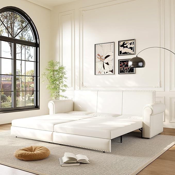 93.7 King Pull Out Sofa Bed Faux Leather Sleeper Sofa Couch 3 in 1 Convertible Futon Couches for Living Room Small Space Apartment Office Bedroom Modern Rivet Armrest Cream White