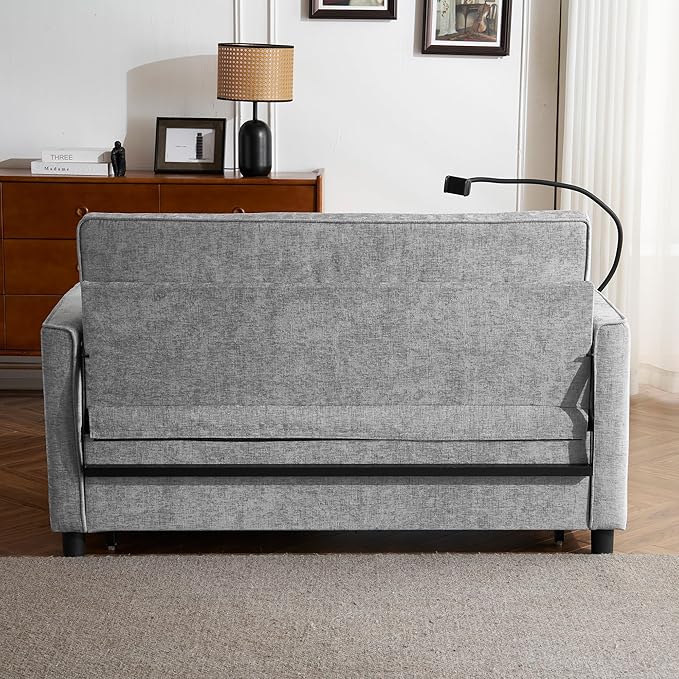 56.9 Loveseat Pull-Out Sofa Bed Chenille Sleeper Sofa Couch with a Reversible Backrest Cushion Side Pockets Two USB Ports and a Phone Holder for Living Room (Grey1)