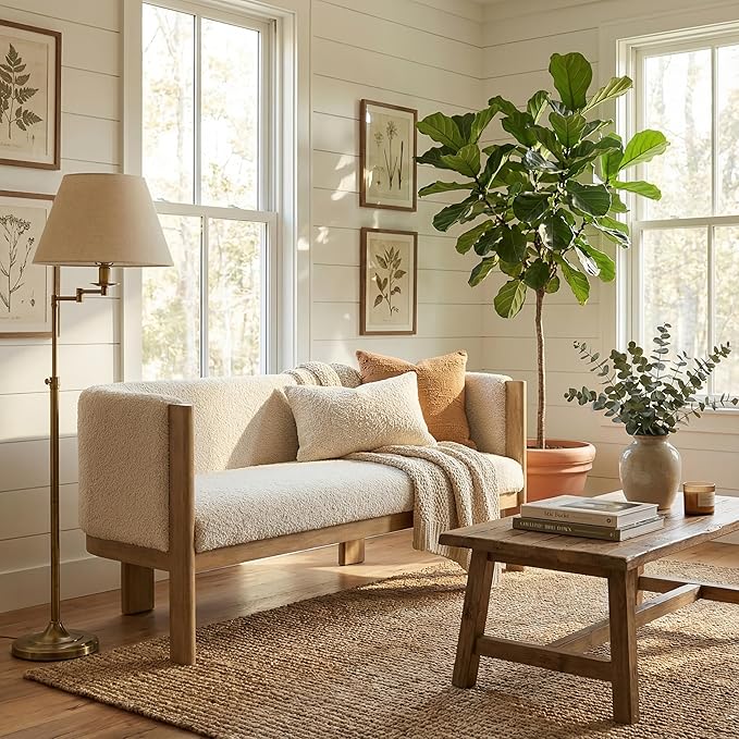 Christopher Knight Home Zudan Modern Boucle Upholstered Loveseat Sofa with Rubberwood Frame Comfy 2-Seater Sofa Couch and Flat-Panel Legs Love Seat Couches for Living Room Almond + Natural Ash