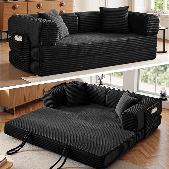 Boneless Couch Futon Sofa Bed Sectional Couches for Living RoomCloud Couch with Sleeper SofaSofas for Living Room Oversized Corduroy Upholstered (Black 81 Inches (with Iron Frame))