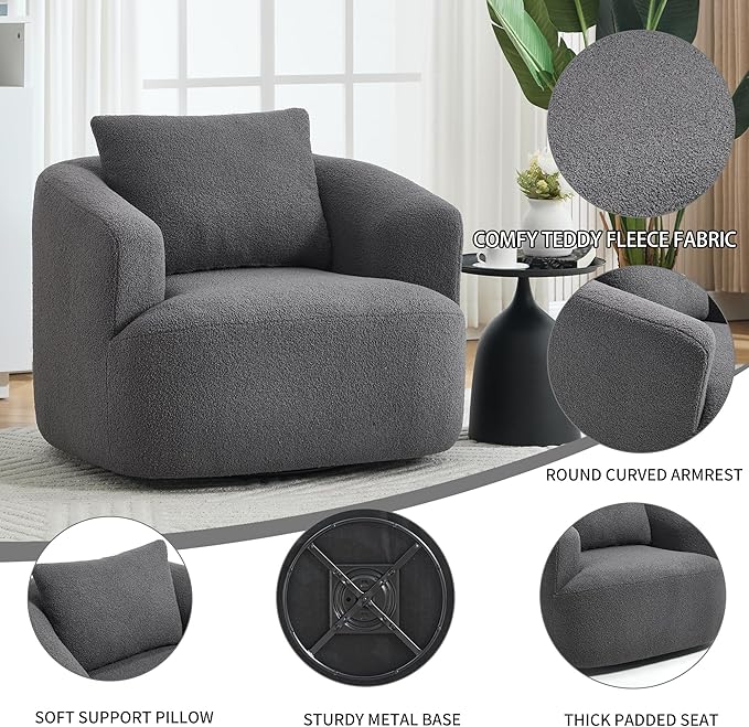 360° Rotating Round Plush Chair with Removable Pillow - High-Resilience Foam &amp Spring Support No-Assembly Teddy Velvet Armless Sofa for Living Room/Bedroom (Dark Grey)