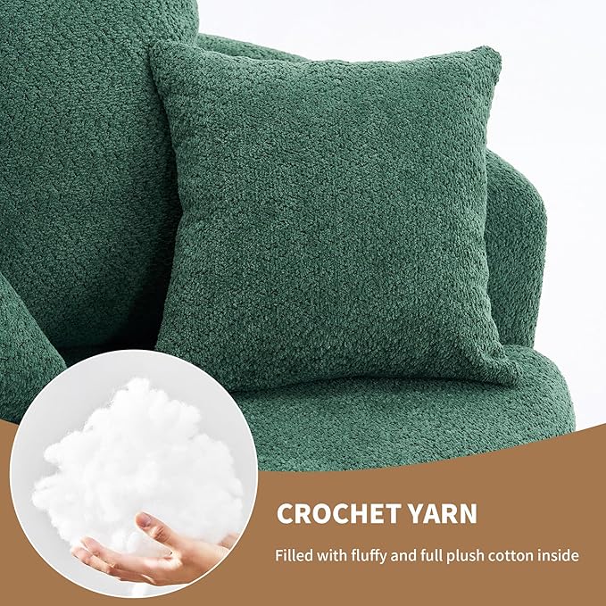 40” Greeen Round Swivel Chair with 3 Pillows &amp Thick Cushion Oversized 360° Swivel Accent Chair Modern Boucle Armchair for Nursery Living Room Bedroom Club