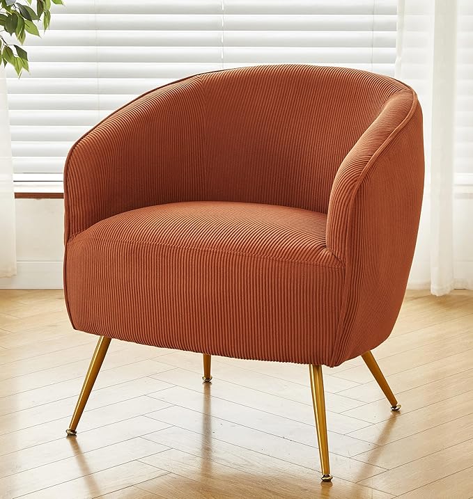 Modern Corduroy Accent Chair with Gold Metal Legs Channel Back Design and Soft Upholstery Comfortable Seating for Living Room Bedroom or Office Cinnamon Brown