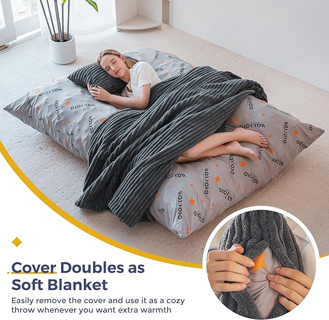 MAXYOYO Giant Bean Bag Chair with Pillow 3 in 1 Convertible Bean Bag Chair for Adults with Washable Cover Removable Floor Cushion Stuffed Floor Lounger for Living Room Bedroom Dark Grey Queen