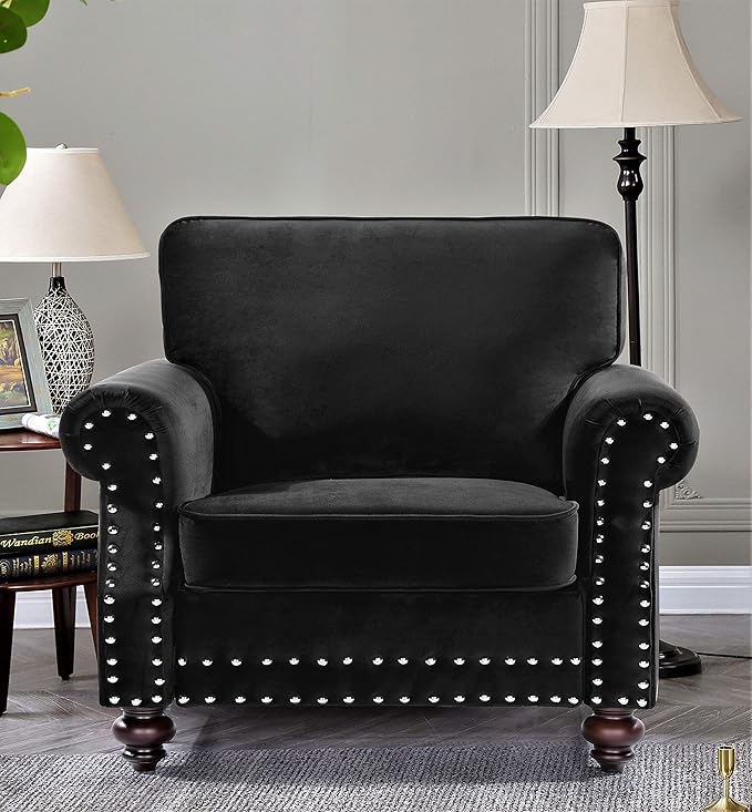 Lotus Mid Century Modern Velvet Upholstered Living Room Rolled Arms Chair 38 Black