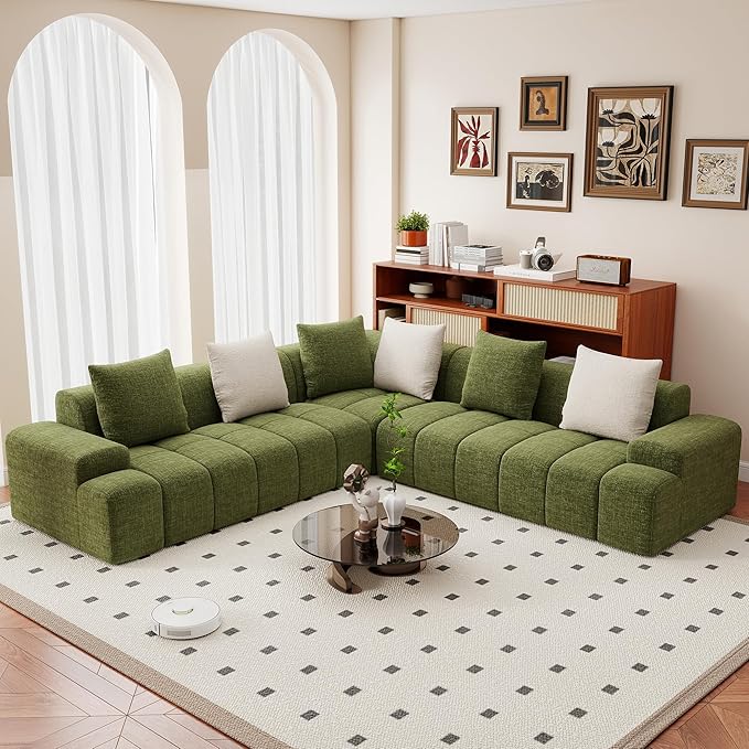 109'' L Shaped Modular Sectional Sofa Chenille Couch for Living Room Bedroom with 6 Cushions Convertible Olive Green