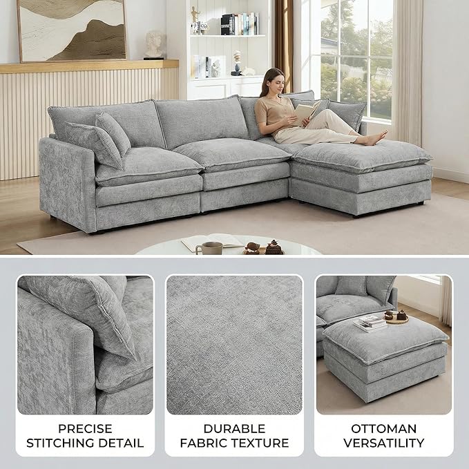 Homy Casa 102 Inch L Shaped Couch Set3-Seat Sectional Sofa with Chaise Comfortable Chenille Fabric Removable Cushions Ottoman DIY CombinationModern Design for Living/Family Room (Grey)