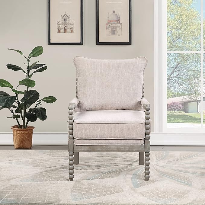 OSP Home Furnishings Abbott Spindle Accent Chair with Padded Spring Seat and Brushed Grey Base Linen Fabric