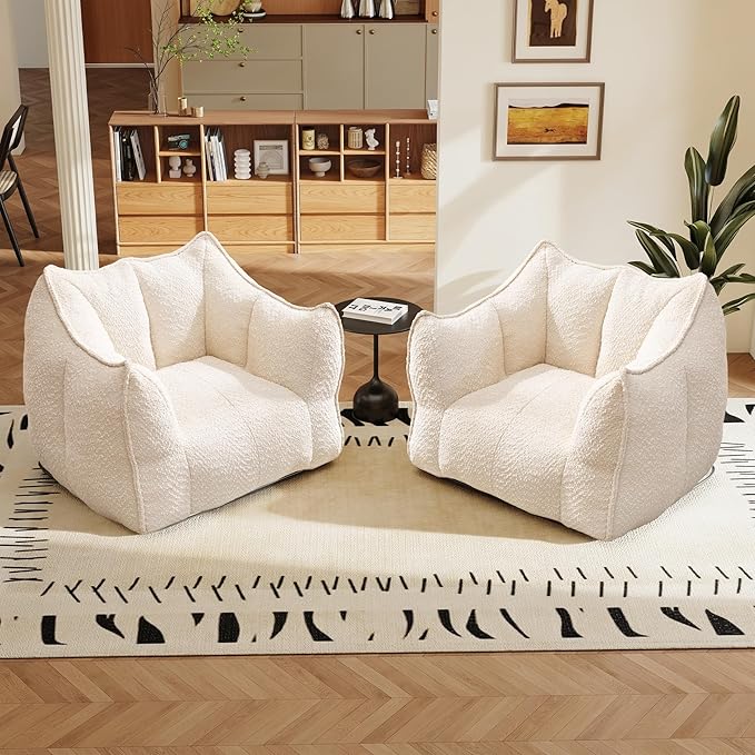47.2 Inch Oversized 2 Piece Single Sofa Set Comfy Beanbag Chairs with Scratch-Resistant Pet-Friendly Chenille Modern Couch with Arms No Assembly Required Beige