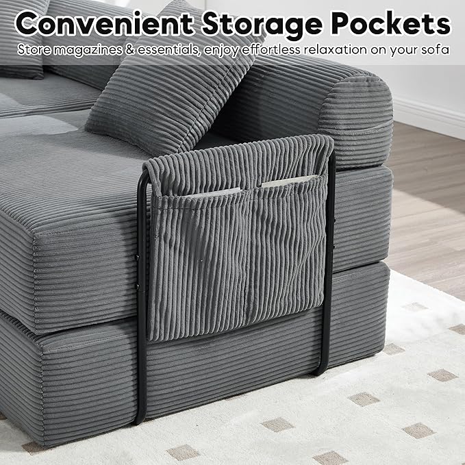 Oversized Modular Cloud Couch for Living Room Corduroy L-Shaped Sectional Sleeper Sofa Bed with Fixed-Shape Frame Modern Boneless Couch with Pillows &amp StorageGrey
