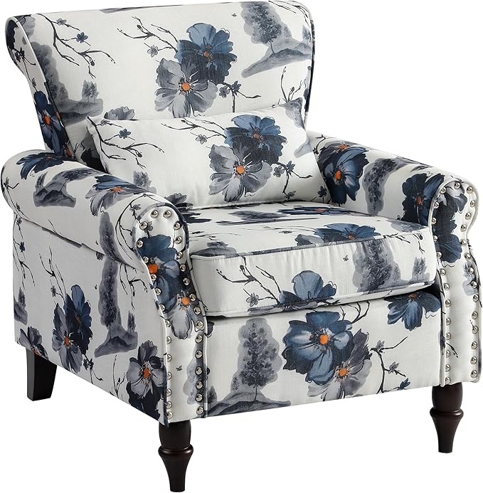 Oversized Floral Accent Chair with Extra Lumbar Pillow Upholstered Living Room Armchair with Wooden Legs Comfy Reading Lounge Chair for Bedroom Home Office (Blue Floral Pattern)