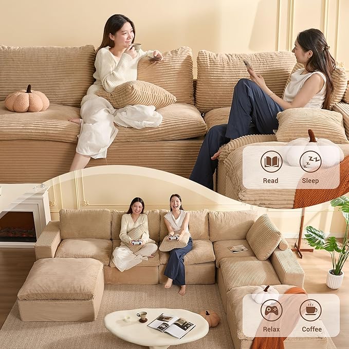137.8” Sectional Couches for Living Room Set of Cloud Couch Modular Sectional Sofa Convertible Sofas Bed Deep Seat Sofa Sleeper Sofa Full Size Corduroy Camel