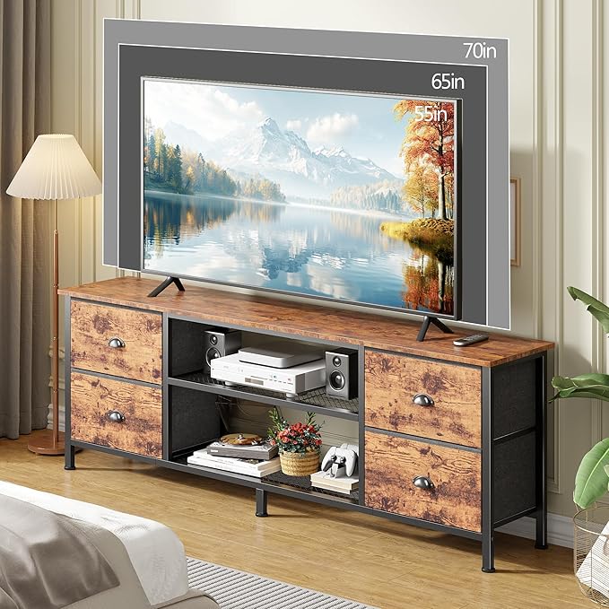 Furologee TV Stand Dresser with 4 Drawers 63 Inch Entertainment Center with Open Shelves Media Console Table for 6570 Inch TV Television Stand for Bedroom Living RoomRustic Brown