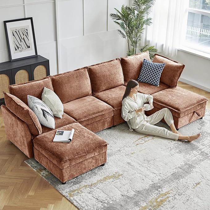 HULALA HOME Modern Middle Module for Sectional Sofa Couch Armless Loveseat Sofa 2 Seat Included Burnt Orange