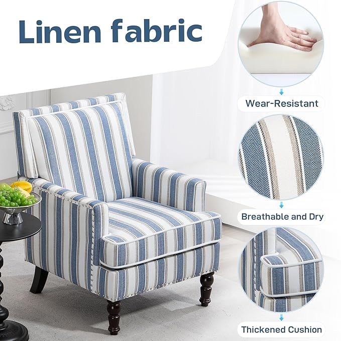 Blue Striped Accent Chair for Living Room Bedroom - Comfy Cotton Linen Reading Chair Coastal Nautical Armchair with Solid Wood Legs Easy Assembly (Striped Blue)