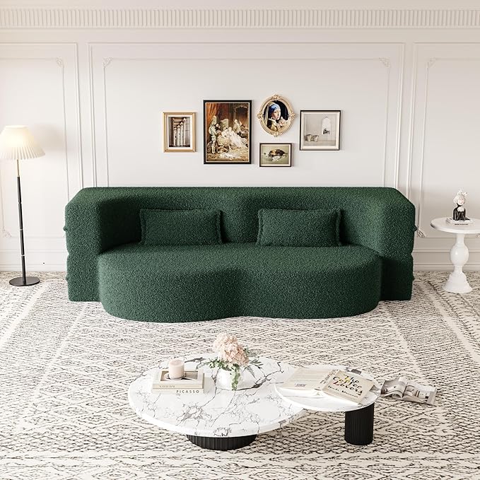 Modern 2-in-1 Convertible Sleeper Sofa Bed Compressed Foam Sofa Curved Loveseat Sofa Bubble Couch Comfy Teddy Sofa Multi-Functional Cloud Couch with Pillows for Living Room Bedroom (Green)
