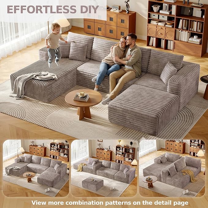 134.6 Modular Sectional Sofa with Deep Seat Boneless U Shaped Corduroy Couch Modern Comfort Cloud Couch Oversized for Living Room No Assembly (Camel)