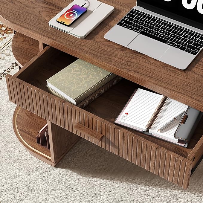 ONBRILL 58 Inch Fluted Executive Desk with Drawers Large Computer Desks with Storage Mid Century Modern Office Desk with Charging Station for Home Office Living Room Bedroom (Walnut)