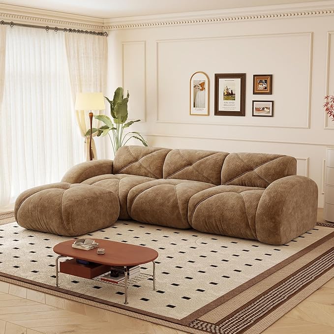 110.6 L Shaped Boneless Couch Modern 3 Seater Modular Sectional Sofa Convertible Velvet Modular Cloud Sofa with Ottoman &amp Deep Seat Free Combination Upholstered Couches for Living Room Camel